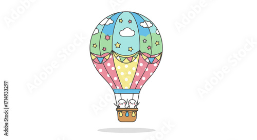 Colorful Cartoon Hot Air Balloon with Decorative Clouds and Stars.