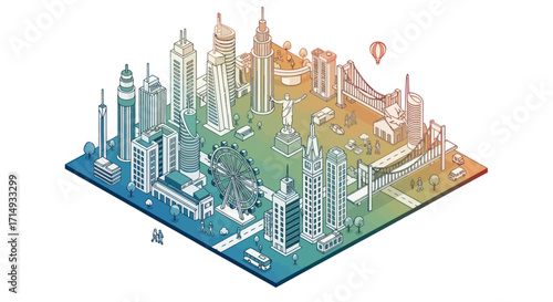 Isometric Cityscape Illustration with Skyscrapers and Urban Elements.