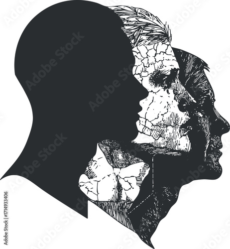 Abstract illustration of human profiles in silhouette highlighting emotions and thoughts through design.