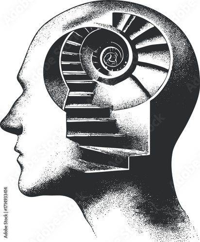 An abstract illustration of a human head with spiral stairs symbolizing thought and introspection.