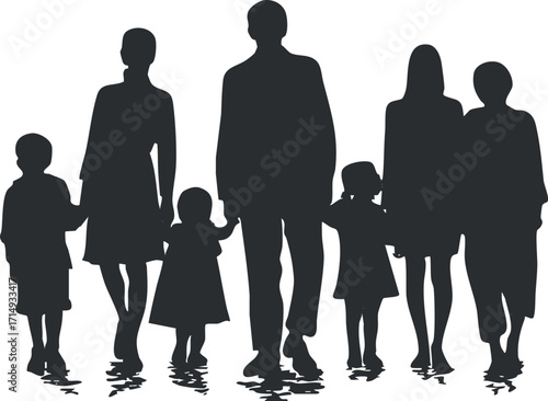 Silhouette of a diverse family holding hands, representing love and togetherness in a joyful moment.