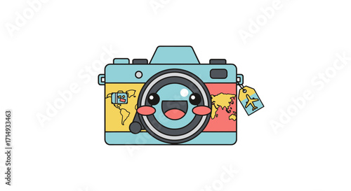 Cute Cartoon Camera with World Map Design and Smiling Face.