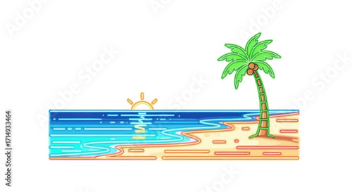 Stylized Tropical Beach Scene with Palm Tree and Sunrise Crown.