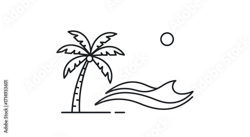 Simple Black and White Palm Tree and Ocean Waves Illustration.