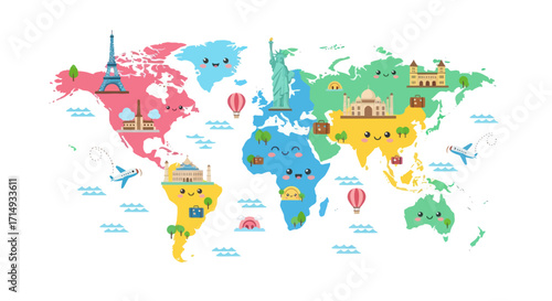 Whimsical Cartoon World Map with Famous Landmarks and Happy Faces.