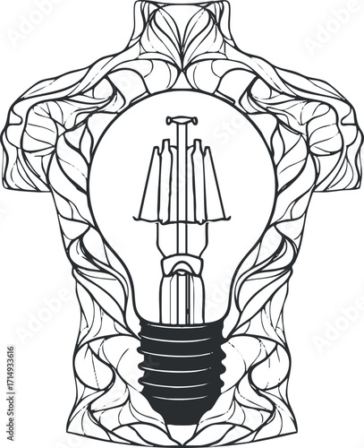 A creative illustration featuring a lightbulb integrated into a human body silhouette.