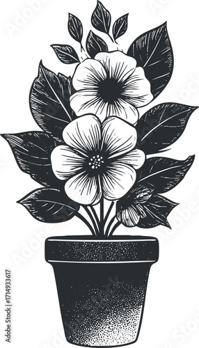 A stylized illustration of a flowering plant in a decorative pot showcasing vibrant blooms.