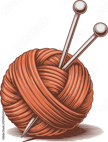 Knitting needles in yarn ball, handmade craft, textile hobby, wool thread, cozy DIY, crochet art, fiber texture