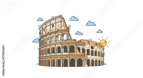 Illustrated Colosseum Roman Amphitheatre Iconic Landmark.