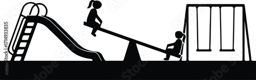Vector Playground featuring swing slide seesaw with kids silhouette Illustrator