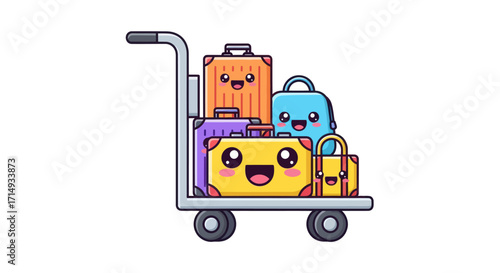 Cartoon Luggage on a Metal Airport Trolley with Smiling Faces.