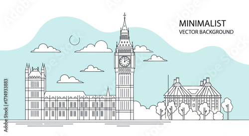 Minimalist Line Art Illustration of Londons Big Ben and Parliament.