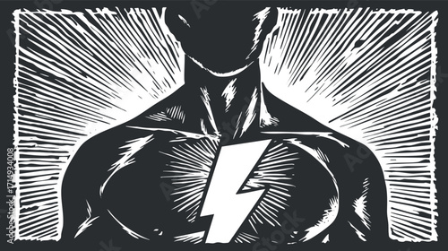 Illustration of a muscular figure with a lightning bolt symbolizing power and strength.