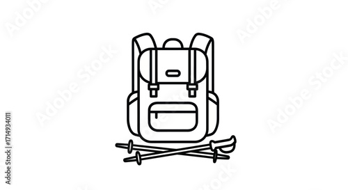Detailed Line Art Icon of a Hiking Backpack and Trekking Poles.