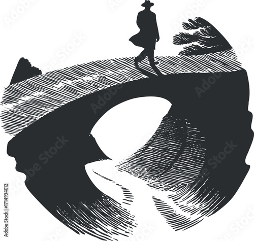 A silhouette of a person walking on a bridge surrounded by a serene landscape.