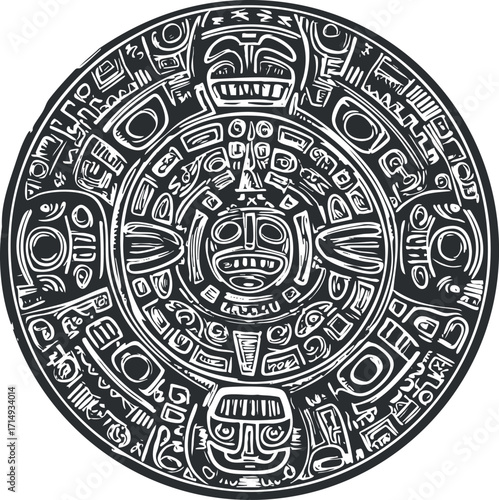 An intricate black and white representation of an ancient Aztec calendar design.