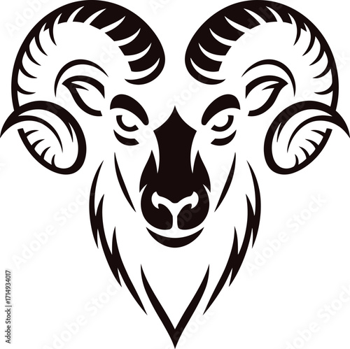 Striking Black and White Ram Illustration with Intricate Horn Detail and Bold Design Perfect for Logos and Artistic Projects