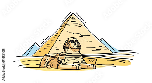 Hand-drawn illustration of the Great Sphinx and Pyramids of Giza iconic Egyptian landmarks.