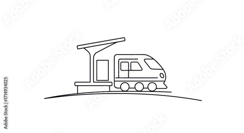 Simple Line Drawing of Train Station and Train.