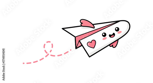 Cute Cartoon Paper Airplane with Pink Heart and Smile.