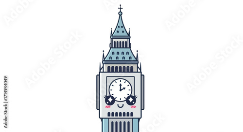 Cute Cartoon Big Ben Clock Tower with Smiling Face.