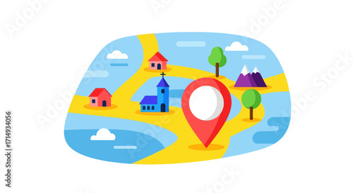 Colorful Map Illustration with Buildings Trees and Location Pin.
