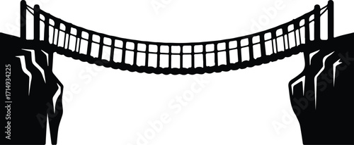 Vector Suspension bridge silhouette between cliffs adventure crossing Illustrator