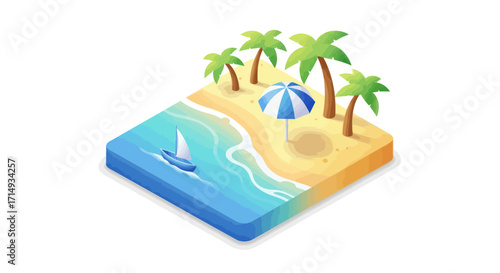Isometric Beach Scene with Palm Trees Sailboat and Umbrella.