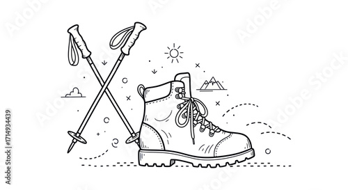 Hiking Boot and Trekking Poles Line Art Illustration.