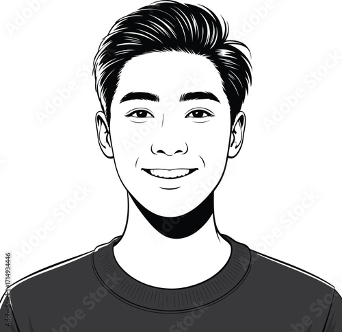 Illustration of a young man with a bright smile rendered in black and white showcasing expressive features and a modern simple design ideal for various creative projects