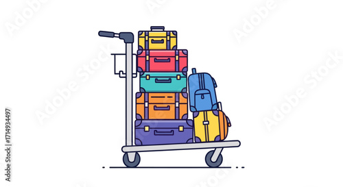 Colorful Luggage Cart with Stacked Suitcases and Backpacks.