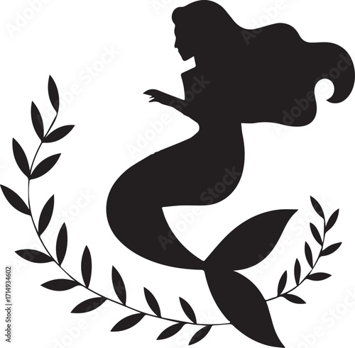 Mermaid Playing Harp in Ocean Depths with Seaweed Frame and Waves