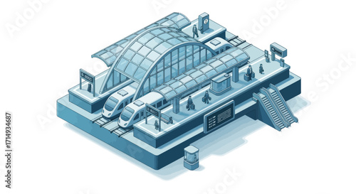 Isometric Modern Train Station with Glass Roof and High-Speed Trains.