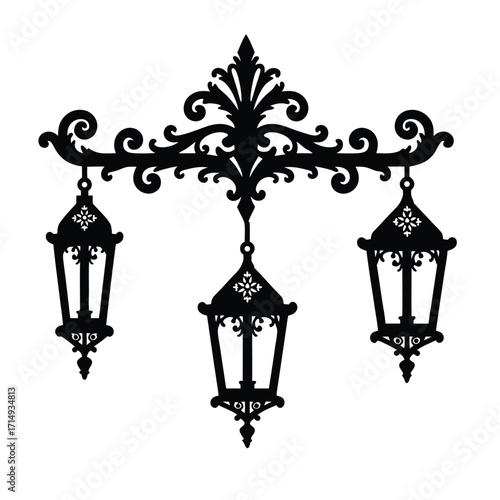 Black ornate wrought iron lantern fixture with three hanging lamps