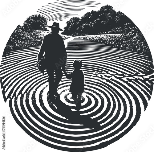 A silhouette of a person and child walking together along a circular path in nature.