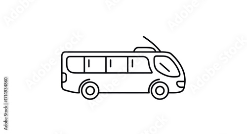 Simple line art illustration of a small passenger bus with an antenna perfect for transport icons.