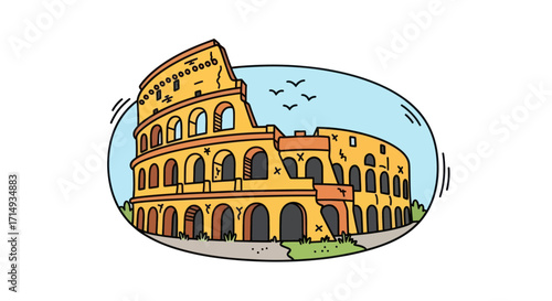Iconic Roman Colosseum illustration with arches and birds in sky.