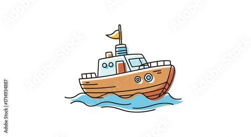 Cartoon Illustration of a Small Boat with a Yellow Flag on the Water.