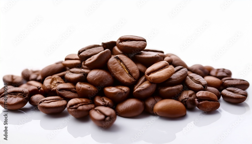Naklejka premium Roasted Coffee Beans Piled In Small Groups Isolated On White Dark Aromatic Beans Highlight Rich Texture And Glossy Surface Fresh Caffeine Ingredient Emphasizes Gourmet Espresso And Barista Quality
