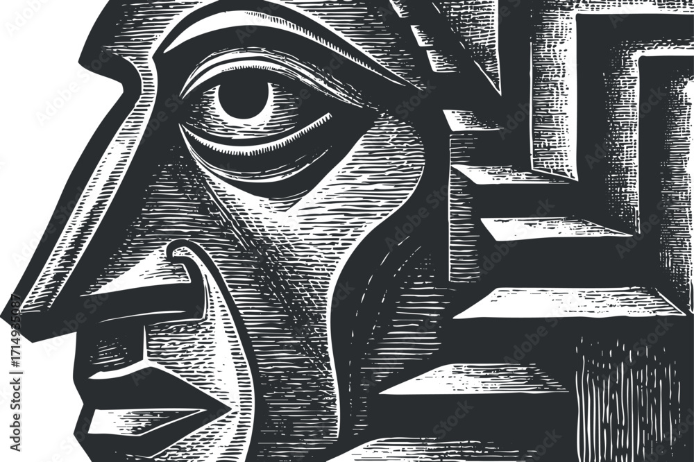 Naklejka premium Black and white abstract illustration of a stylized face with geometric features and modern design.