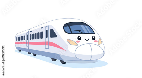 Cartoon High-Speed Train with Smiling Face and Pink Stripe.