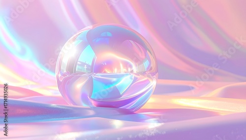 A glossy iridescent sphere rests on a backdrop of soft, flowing pastel colors, creating a visually stunning and calming aesthetic.
