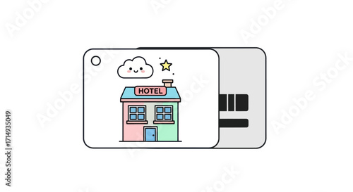 Cartoon Hotel Key Card Illustration with Building and Cloud.