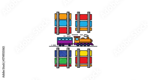 Colorful Toy Train and Railway Carriages Illustration.