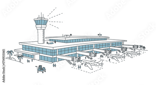 Modern Airport Terminal Building with Control Tower Sketch.