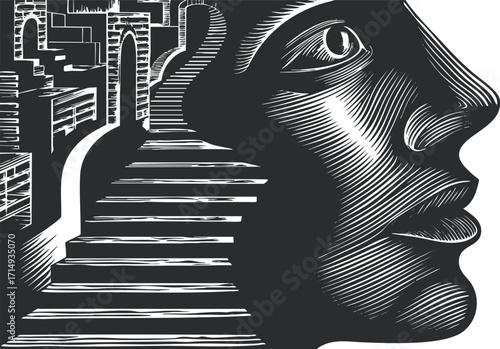 An abstract illustration of a face with stairs leading to a city, symbolizing a journey.