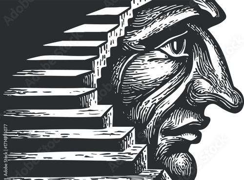 An artistic representation of a face emerging from a staircase illustrating growth and perspective.