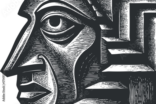 Black and white abstract illustration of a stylized face with geometric features and modern design.