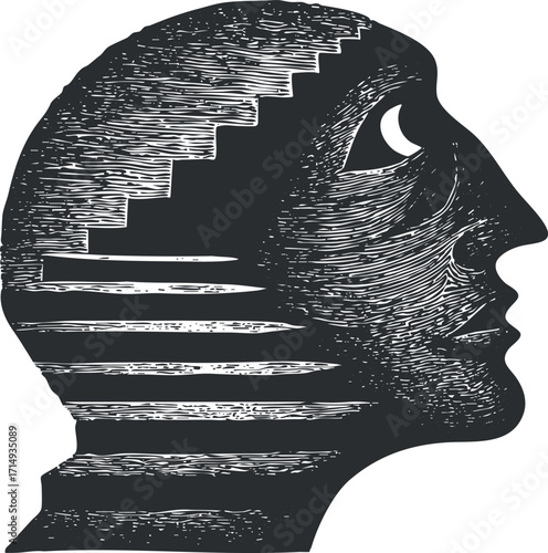 An abstract silhouette of a face with stairs symbolizing thought and introspection.