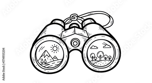 Hand-drawn binoculars revealing scenic landscapes within lenses.